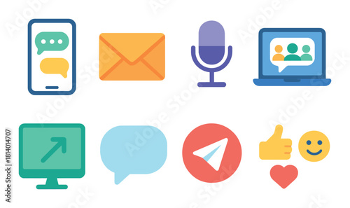 Glowing communication icons: chat, email, microphone, video call, laptop