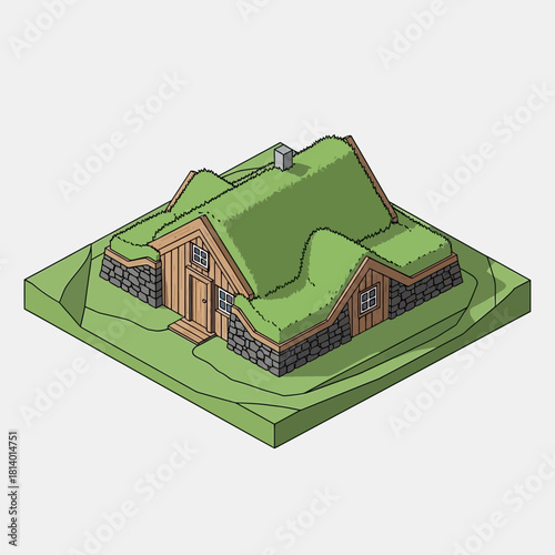 Isometric illustration of an eco-friendly sod roof house nestled into a hillside
