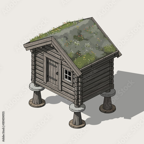 Isometric illustration of traditional storehouse elevated on stilts concept