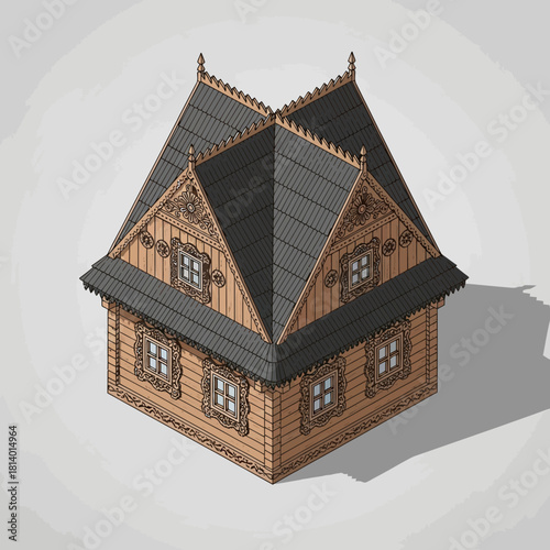 Isometric projection of a meticulously carved wooden house with intricate details