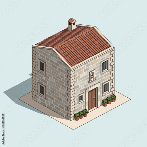 Isometric rendering of an italian style building with tiled roof and stonework