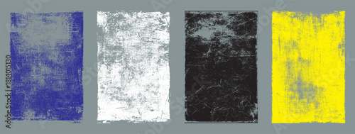 Four vertical distressed grunge texture rectangles in blue white black and yellow against a gray background