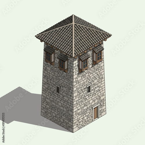 Isometric Stone Tower with Windows and Tiled Roof Against Light Backdrop