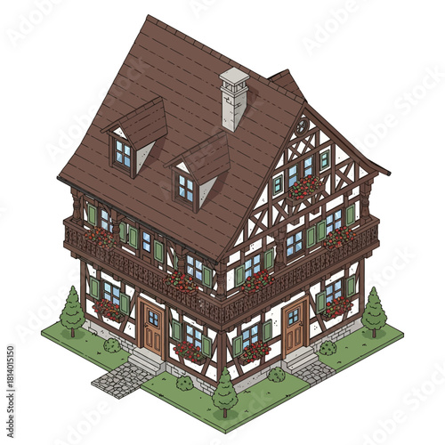 Isometric timber frame house with flower boxes, quaint european architecture