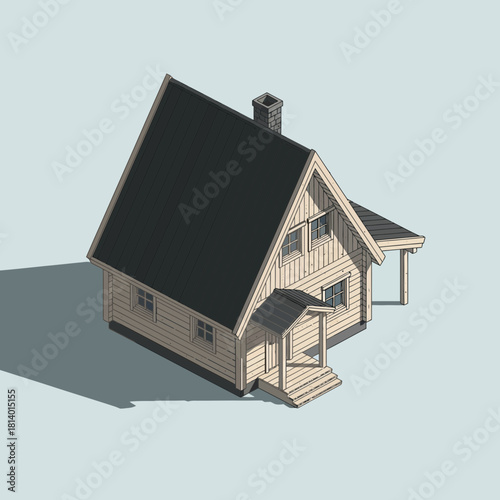 Isometric vector illustration of a cozy wooden cabin with a chimney