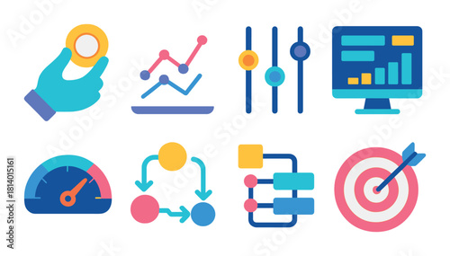 Bright icons representing analytics tools and data visualization concepts
