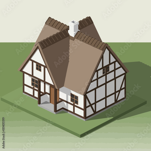 Isometric vector illustration of a half-timbered house in traditional style