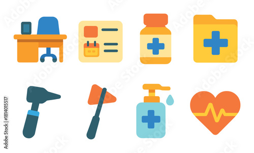 Bright medical icons set: healthcare, medicine, and office tools