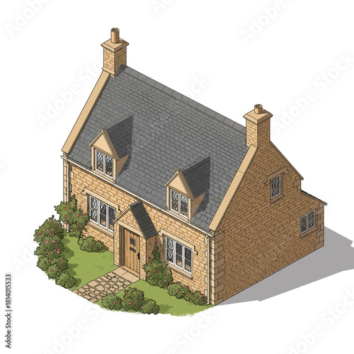 Charming Country Cottage Illustration with Stone Path and Lush Garden