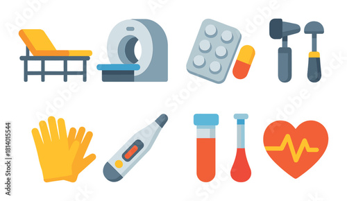 Medical equipment icons featuring mri, thermometer, blood test, and heartbeat symbols