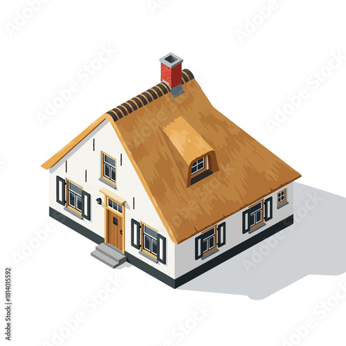 Charming Isometric Rural Home with Thatch Roof and Red Brick Chimney Icon