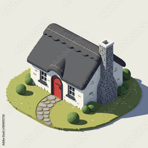 Charming thatched cottage vector illustration with red door and stone chimney