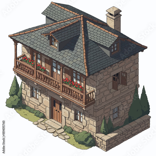 Charming Stone House with Balcony and Flowers in Isometric View