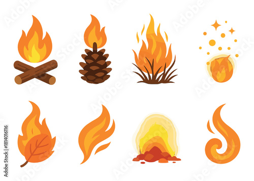 Collection of eight fire icons: campfire, pinecone, grass, flames, leaf, swirl, embers