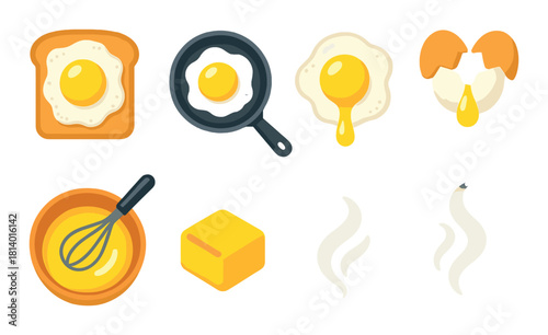 Illustrated egg icons: fried, whisked, cracked, and butter with cooking tools
