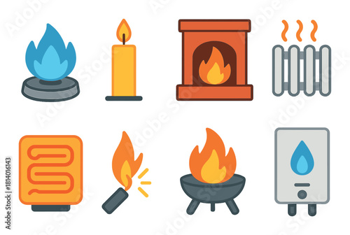 Home heating icons: fireplace, radiator, candle, gas heater, flame, match, warmth symbols
