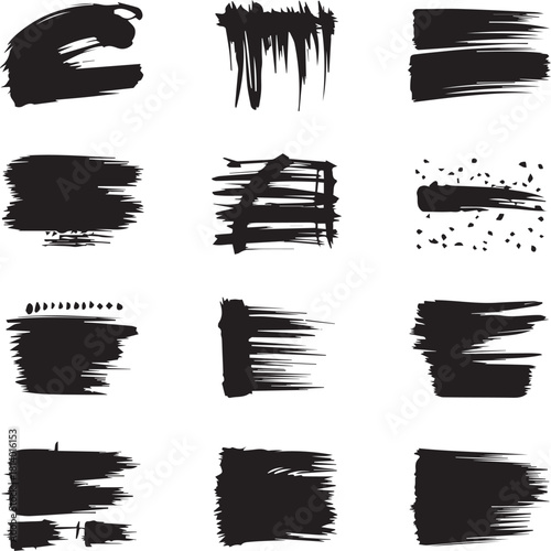 Grunge brush stroke of black paint texture streaks and banner stamps vector bundle set