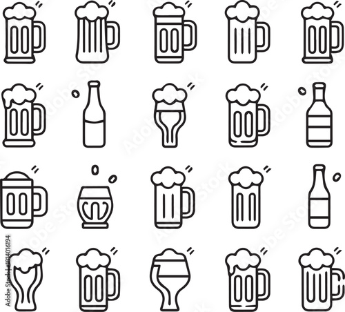 Beer mugs and bottles line art icons set seamless pattern vector 