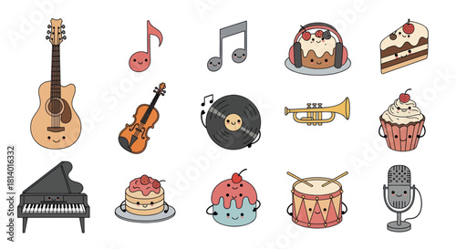 Cartoon musical instruments and sweets isolated on white background