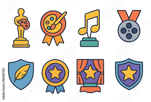 Colorful icons of awards and achievements in art, music, film, and literature