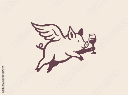 Flying pig with wine glass doodle vector illustration
