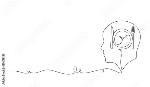 continuous stylized modern drawing of a human head and Plate with o clock, fork, knife, thinking about food. Time to eat.