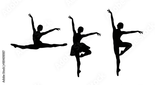 Ballet Dancer Silhouette Vector Showing Jump Sequence — Leap, Mid‑Air, Spin, Graceful Landing

