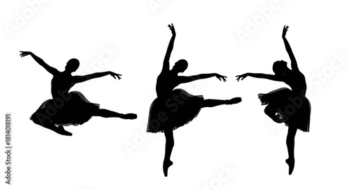 Ballet Dancer Silhouette Vector Showing Jump Sequence — Leap, Mid‑Air, Spin, Graceful Landing

