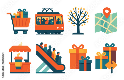 Holiday shopping scene with tram, gifts, and map icons in warm colors