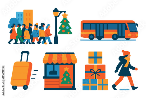 Festive urban winter scene with people, gifts, bus, and holiday decorations