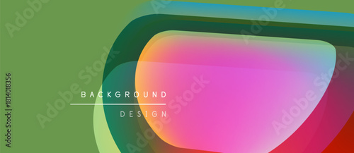 Abstract design features layered shapes, vibrant colors. Green backdrop complements pink, blue gradients. Text reads background design.