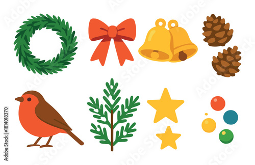 Festive christmas symbols featuring wreath bells pinecones robin stars baubles