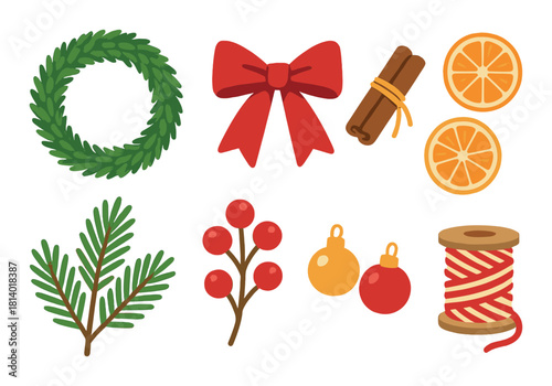 Festive holiday elements: wreath, bow, cinnamon, oranges, pine bough, berries, ornaments, ribbon