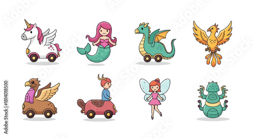 Cartoon mythical creatures on wheels fantasy characters illustrations