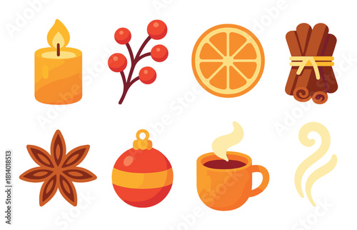 Cozy winter symbols: candle, berries, orange slice, cinnamon, star anise, ornament, hot drink, steam