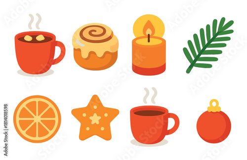 Cozy holiday icons: hot drinks, candle, cinnamon roll, orange slice, star, ornament, leaf
