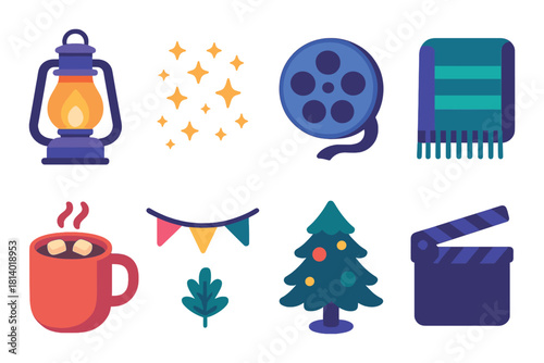 Cozy winter elements with lantern, stars, movie reel, blanket, hot cocoa, decorations, tree, clapperboard