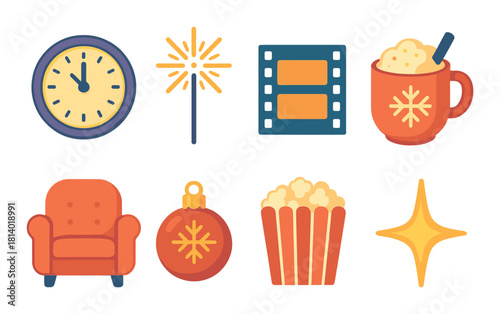Cozy winter icons featuring clock, sparkler, film, hot cocoa, armchair, ornament, popcorn, star