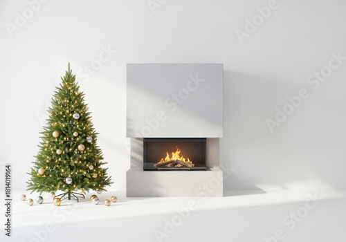 Minimal Scandinavian Christmas room with a modern fireplace, small pine tree with simple ornaments, neutral tones, soft natural light, clean white background.
