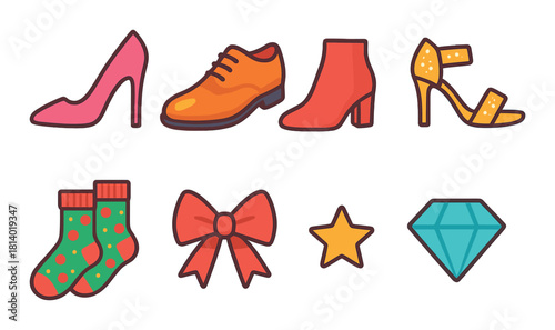 Colorful vector icons of shoes, accessories, and symbols on gradient background