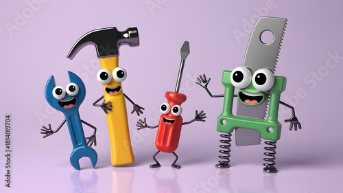 Funny cartoon tools characters waving hello and smiling