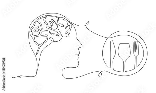 continuous stylized modern drawing of a human head and Plate with o clock, fork, knife, thinking about food. Time to eat.