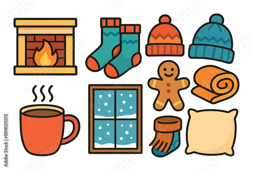 Cozy winter elements including fireplace, hot cocoa, warm socks, and winter accessories