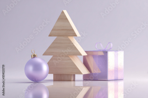 Minimal holiday scene with wooden tree, pastel ornament and lilac gift on glossy soft background, showing calm modern Christmas concept and clean design.