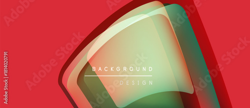 Abstract design features layered shapes, vibrant colors. Red background contrasts with green, yellow elements. Text reads background design.