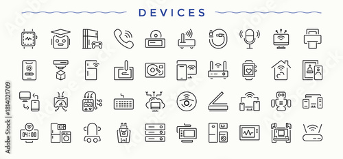 Device icon set. Notebook icons for website. Minimal thin line web icons set. Tablet related icon set. Signs for web and mobile app.
