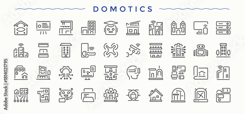 Domoticsl Device modern icon set. Thin web icons. Contain linear sign smartphone, computer and device, desktop, electronic, pc. Pictogram and infographic. Laptop line icon set.