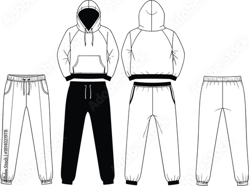 Hoodie and sweatpants technical sketch set, front back view, drawstring details, ribbed cuffs, pocket placement, fashion design, garment construction, clothing template