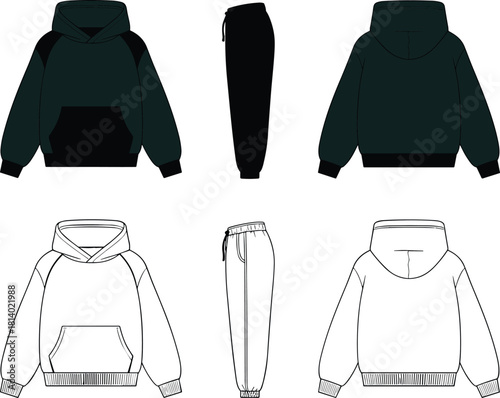 Hoodie and sweatpants design set, front side back view, colored and outline style, fashion illustration, garment construction, casual wear, apparel template