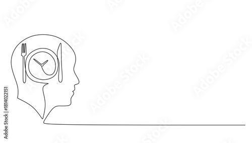 continuous stylized modern drawing of a human head and Plate with o clock, fork, knife, thinking about food. Time to eat.